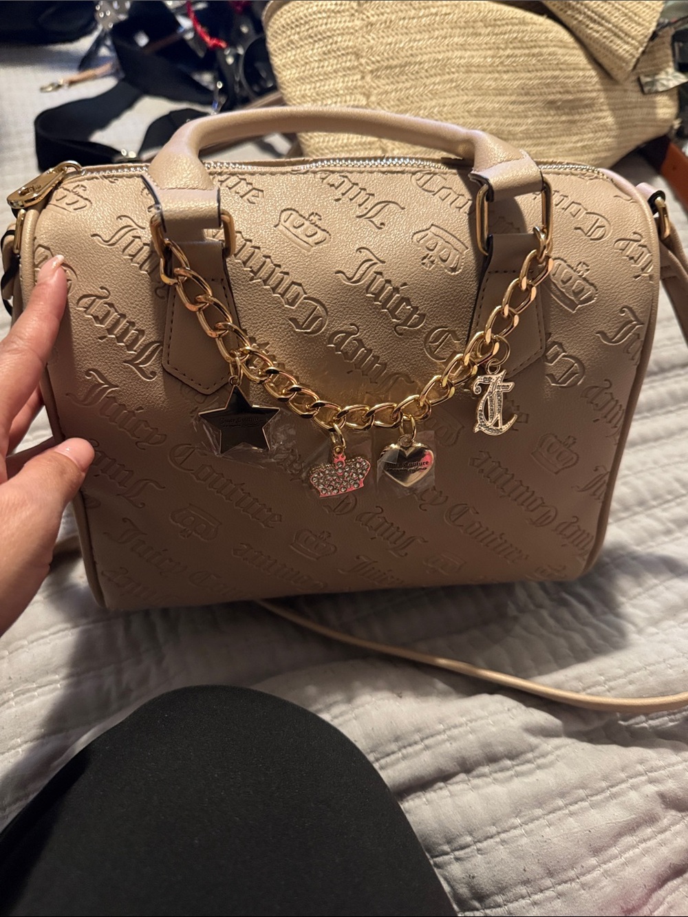 Juicy Couture Taupe Embossed Satchel with Gold Charm Chain